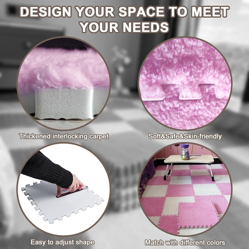 JADERLU 16pcs 0.6" Thickened Interlocking Tile Mats,Fluffy Shaggy Soft EVA Foam Area Rug for Living Room & Bedroom,Non-Slip Protective Floor Carpet Play Mat Kids Baby Dorm Home Decor (11.8ft, Pink) - Image 3